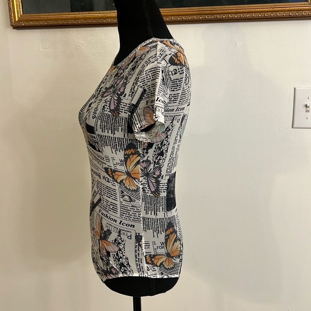 White Black Color Butterfly Newspaper Print Bodysuit by Rue 21, Sz. XS. - Picture 2 of 8